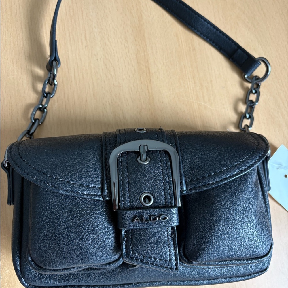 Aldo Black Mini Buckle Shoulder Bag with Chain Accent